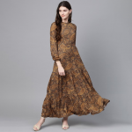 Brown & Black Ethnic Motifs Print Maxi Dress