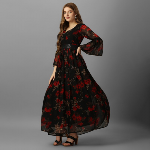 Floral Printed Bell Sleeves Maxi Dress