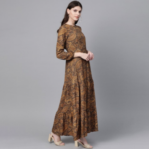 Brown & Black Ethnic Motifs Print Maxi Dress