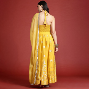 Printed Ready to Wear Halter Neck Smocked Lehenga & Blouse With Dupatta