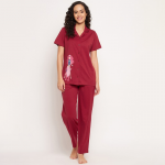 Women Maroon Printed Night suit